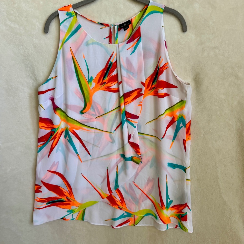 Worthington Tropical Bird of Paradise Print Keyhole Blouse Womens Size Large